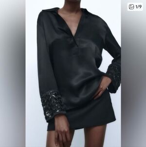 NEW Zara Black Satin Tunic Top With Embellished Sleeve